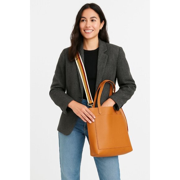 Madewell Leather Transport Tote Bag Cognac Brown w/ Removable Stripe Strap - Picture 3 of 11